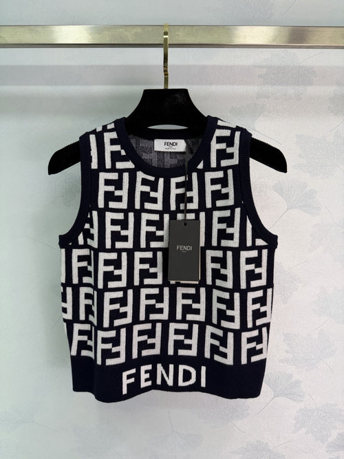 Fendi Jacquard Round Neck Knit Vest with Double F Logo