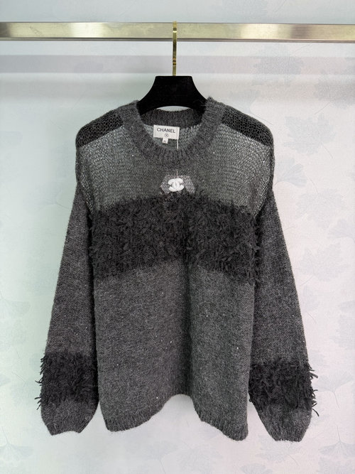 Chanel Gray Fringe Knit Wool Blend Sweater for Any Event