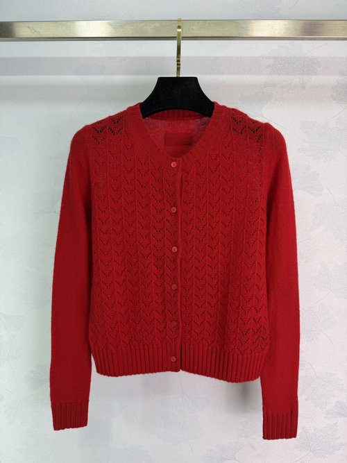 Miu Miu Cashmere Knit Cardigan with Hollowed Pattern and Buttons