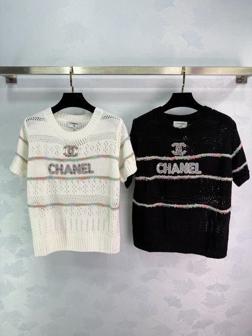 Chanel Lace Knit Short Sleeve with Double C Logo Embroidery