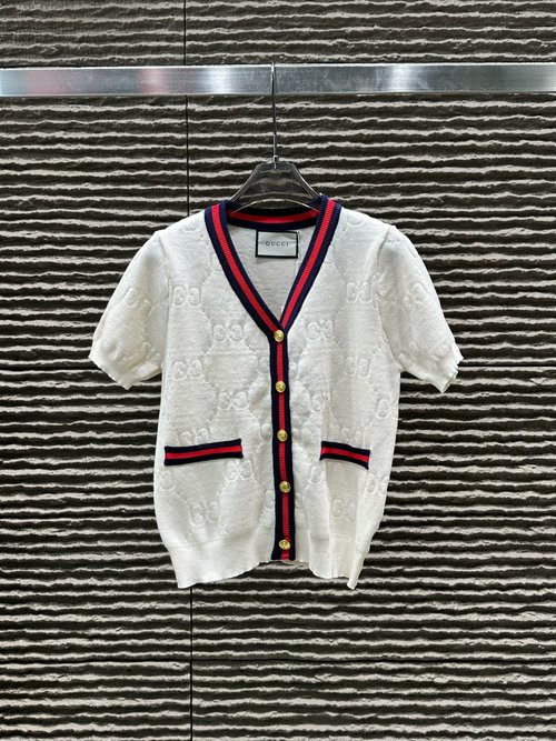 Gucci Jacquard Letter V-Neck Open Short Sleeve Cardigan