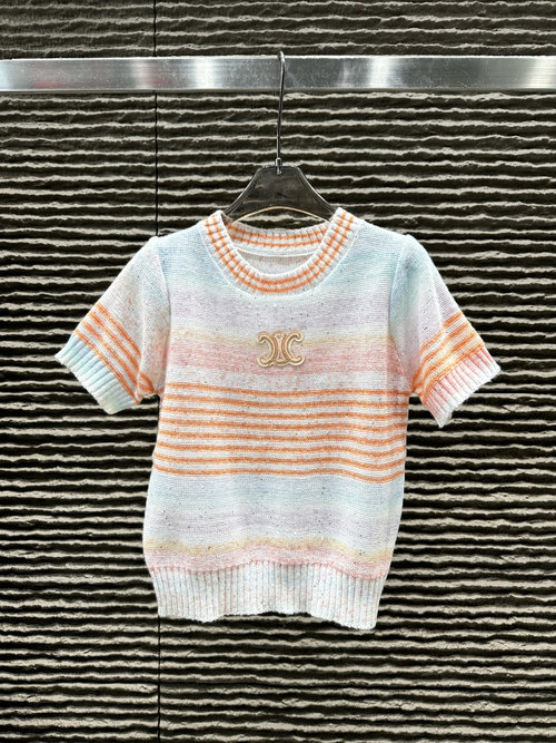 Celine Celin Gradient Pink Striped Sequined Short Sleeve