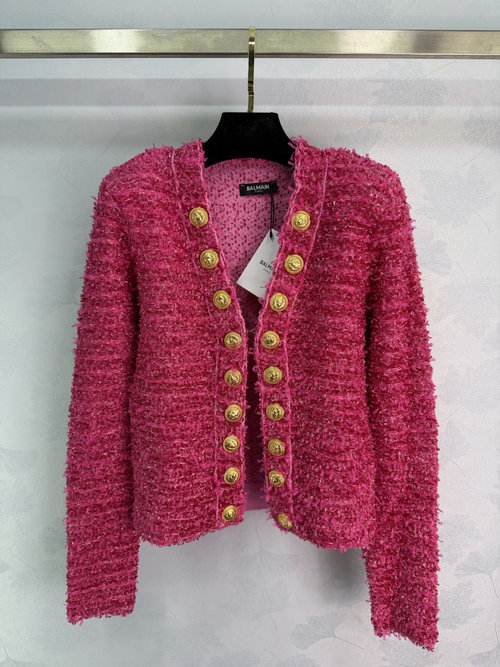 Balmain Rose Red Tweed Jacket with Gold Accents, Retro-Chic Blend