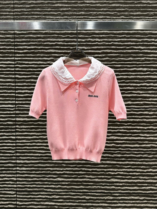 Miu Miu Collared Spliced Fake Two-piece Knit Short Sleeve Top