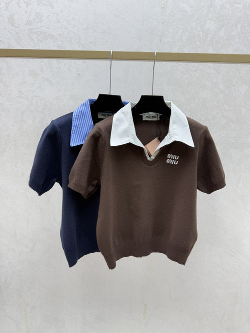 Miu Miu Coffee & Royal Blue Color-blocked Collar Knitted Short Sleeve