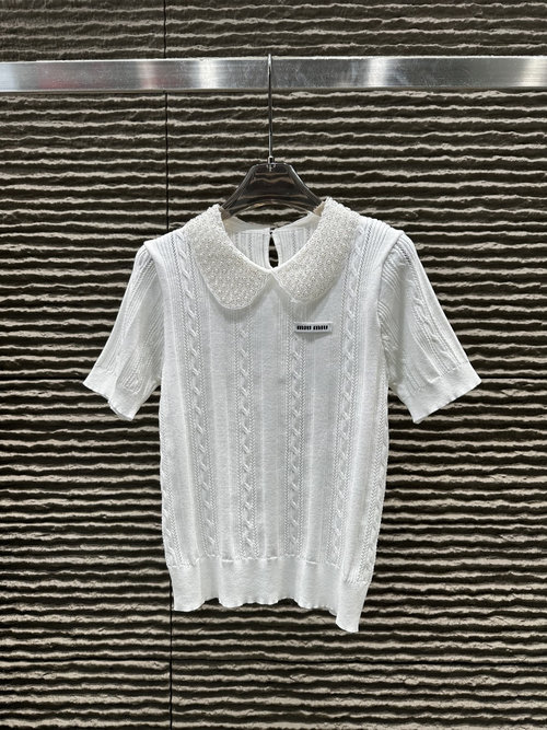 Miu Miu Knit Short Sleeve Top with Heavy-bead Neck Design