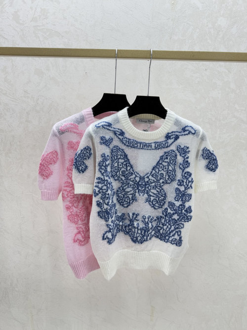 Dior Color - Blocked Butterfly Jacquard Round Neck Knit Short Sleeve in White & Pink