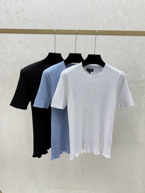 Chanel Solid Color Rhombus Hollow Round-neck Knitted Short Sleeve