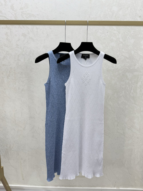Chanel White & Blue Solid Color Diamond Pattern Hollow-out Knitted Vest Dress