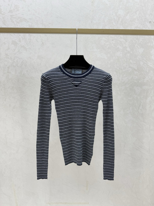 Prada Royal Blue Color Block Striped Round Neck Knitted Long Sleeve