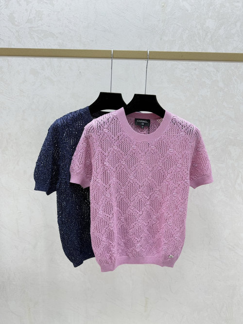 Chanel Solid Color Round Neck Hollow-out Knitted Short Sleeve in Pink, Blue