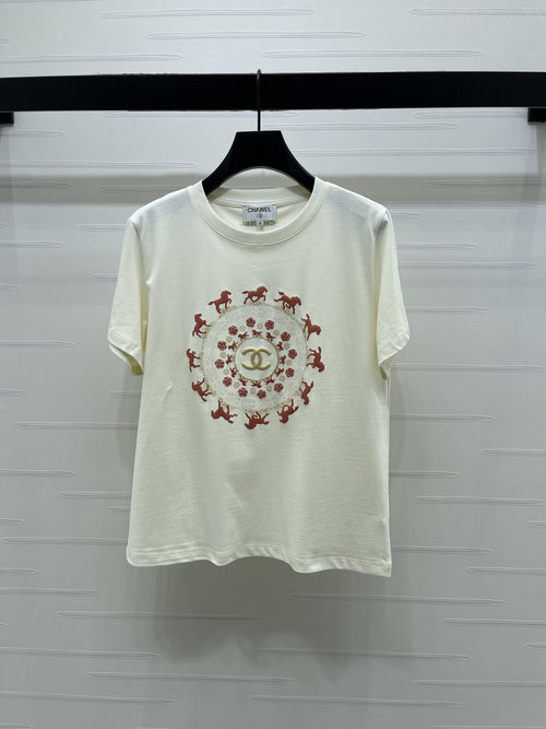Chanel High-Quality Cotton T-Shirt with Horse Embroidery and Double C Logo