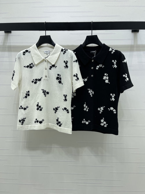 Chanel Flower Collared Knit Short-Sleeve, Elegant Design