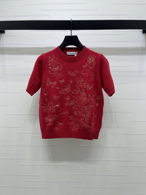 Dior Butterfly Embroidered Knit Short-Sleeve with Delicate Texture