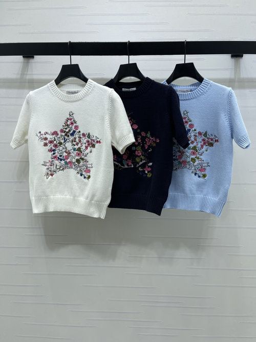 Dior High-End Knit Polo Shirt with Embroidered Flowers