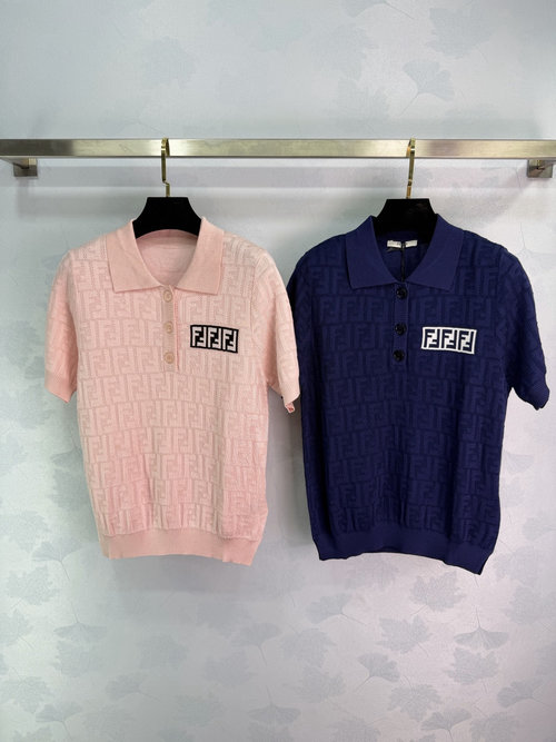 Fendi FF Jacquard Knit Polo Shirt with Embroidered Logo