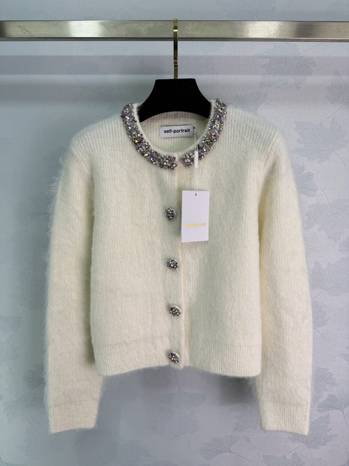 Self-Portrai Beige Embroidered Wool Blend Cardigan, Elegant