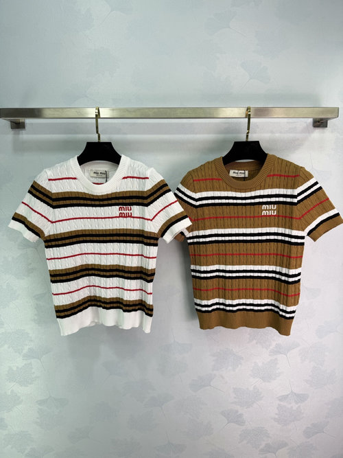 Miu Miu Soft Breathable Striped Knit Top with Logo Embroidery