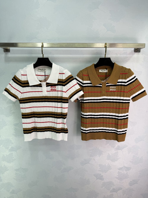 Miu Miu Soft Striped Knit Polo with Logo and Half-Button