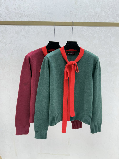 Gucci Color Block Bow Tie Round Neck Knit Long Sleeve