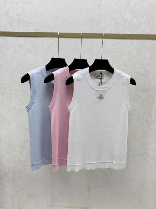 Vivienne Westhood Solid Color Round Neck Knitted Vest in White, Pink and Blue