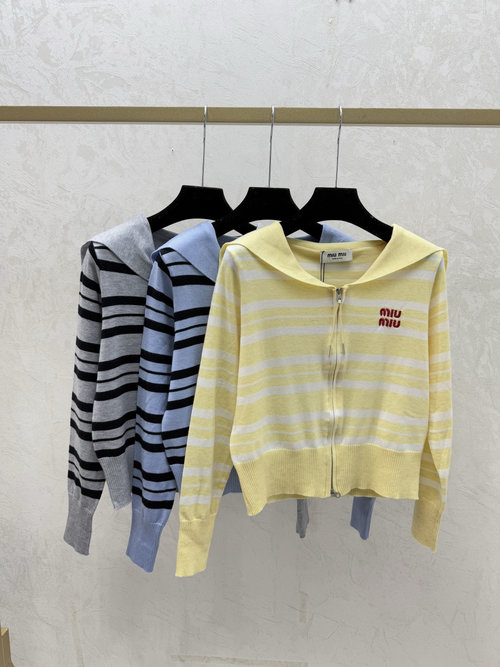 Miu Miu Color - Blocked Striped Neck Knitted Long Sleeve Cardigan in Yellow, Blue and Gray