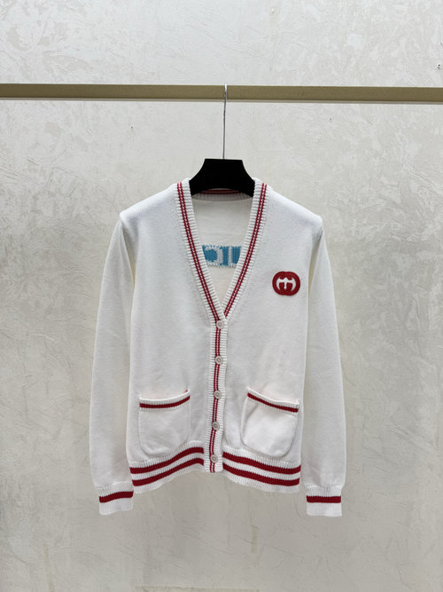 Gucci Color-blocked V-neck Knitted Long-sleeved Cardigan in White