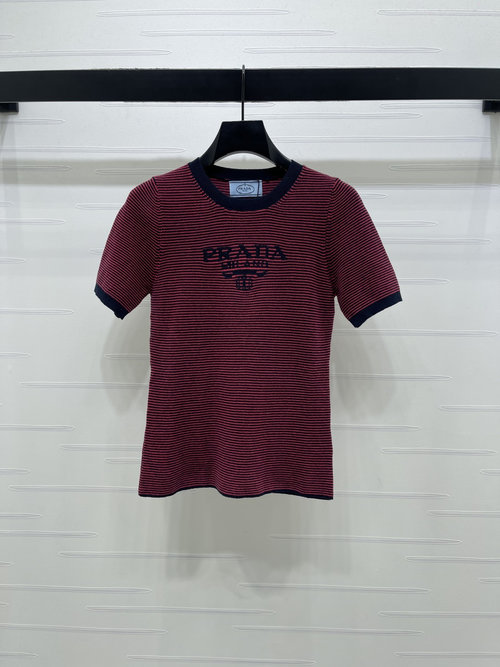 Prada Chic and Comfortable Color-Block Striped Knit Short Sleeve