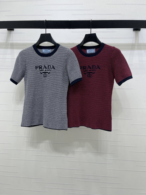 Prada Chic and Comfortable Color-Block Striped Knit Short Sleeve
