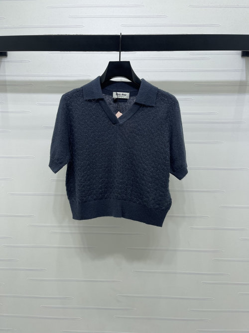 Miu Miu Elegant Half-open Collar Knit Short-sleeved Top