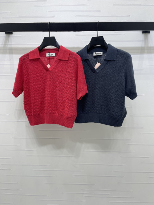 Miu Miu Latest Turn-down Collar Knit Short Sleeve with Custom Wool