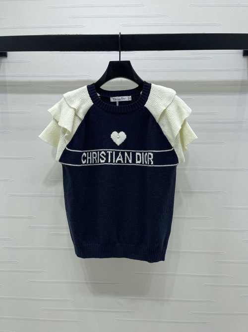 Dior Elegant Spring Lace Sleeve Knitted Short Sleeve with Embellishments