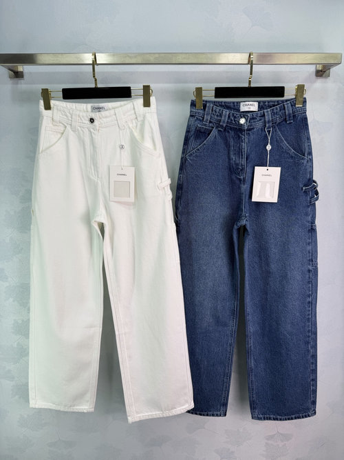 Chanel High Waist Straight Leg Jeans, Classic Wash with Side Pockets