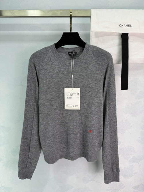 Chanel Cashmere Blend Long - Sleeve Knit with Red Double C Embroidery