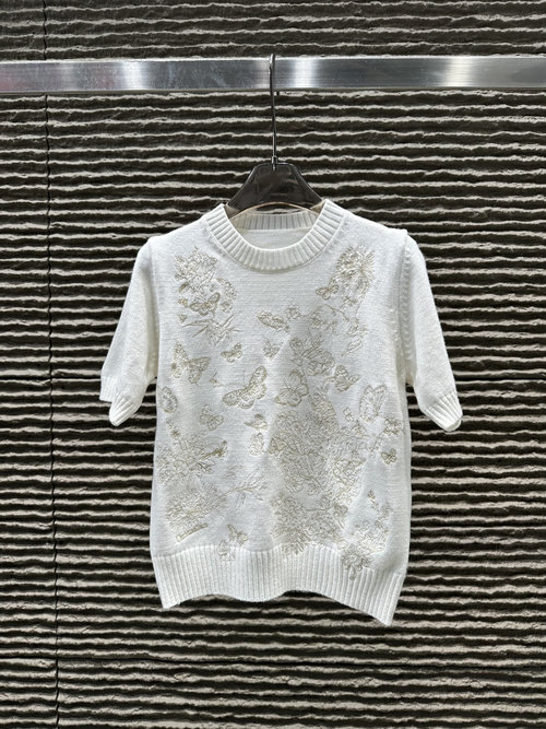 Dior Classic Cotton Yarn Embroidery Short-Sleeve with Butterfly Motif