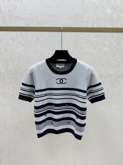 Chanel Contrast-Color Striped Knit Short-Sleeved Top
