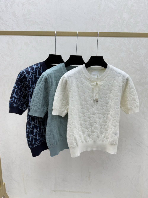 Dior White, Green & Navy Color-blocked Vintage Logo Round-neck Top