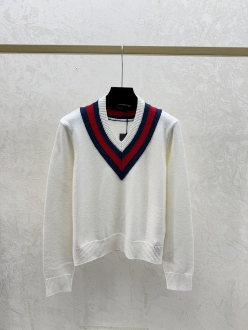 Gucci Color-blocked Simple V-neck Long Sleeve Knit in White