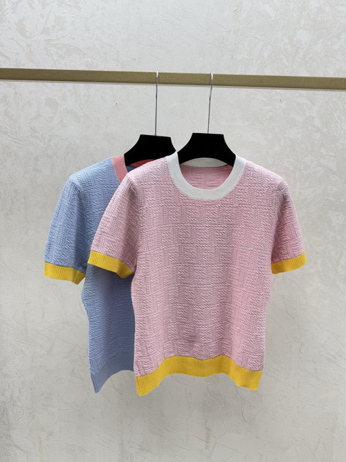 Fendi Color-blocked Vintage Logo Round-neck Short Sleeve Knit in Pink & Blue