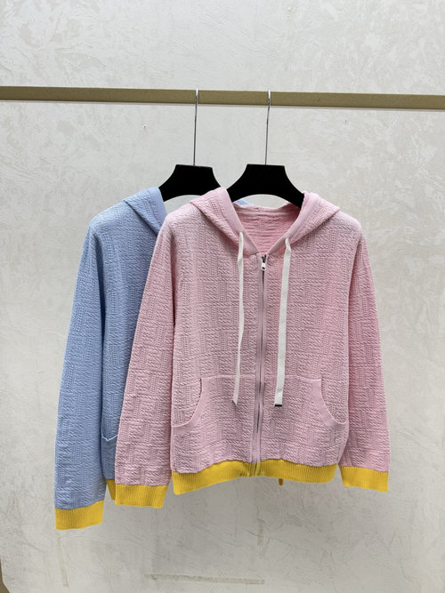 Fendi Color-blocked Vintage Logo Hooded Long Sleeve Knit Cardigan in Pink & Blue