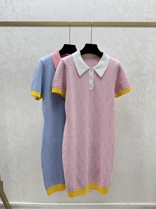 Fendi Color-Blocked Floral Letter Short-Sleeved Dress in Pink & Blue