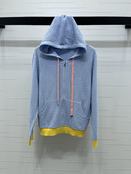 Fendi Jacquard Knit Hooded Double F Logo Long-Sleeve Cardigan