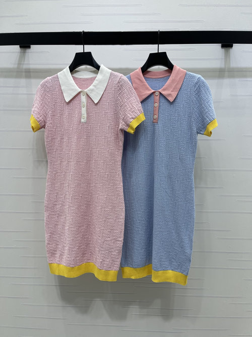Fendi Jacquard Knit Collared Double F Logo Short-Sleeve Dress