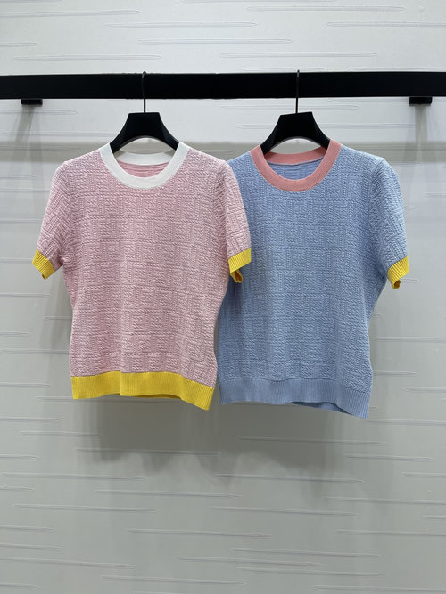 Fendi Color-Blocked Knit Short-Sleeve Top with Logo