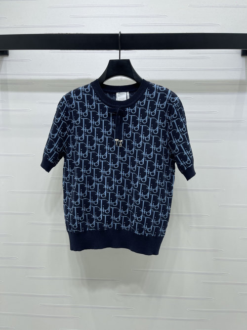 Dior High - end Jacquard Knit Short - Sleeve with Bow and CD Pendant