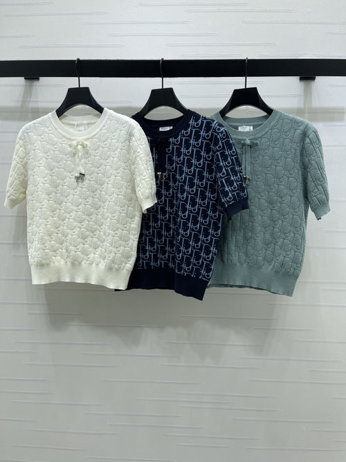 Dior High - end Jacquard Knit Short - Sleeve with Bow and CD Pendant