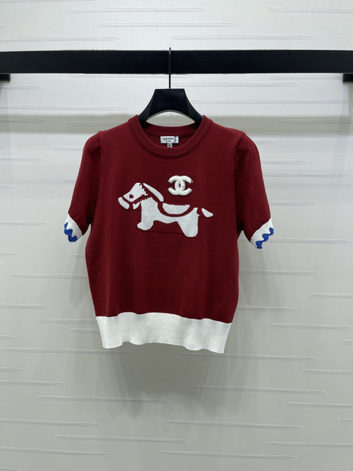 Chanel Round Neck Knit Short Sleeve with Horse Pattern