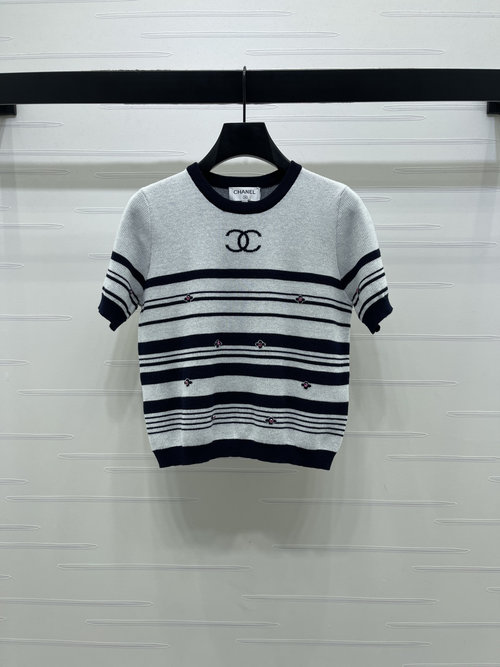 Chanel High - quality Round - neck Striped Knit Short - sleeved with Double C Logo