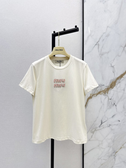 Miu Miu Miu Series Beaded T - Shirt in Custom Soft Fabric
