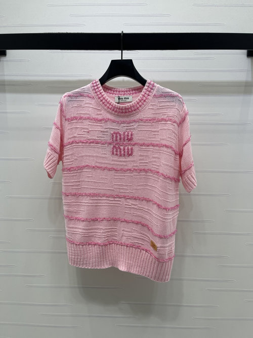 Miu Miu Round Neck Striped Short - Sleeve Knit with Logo
